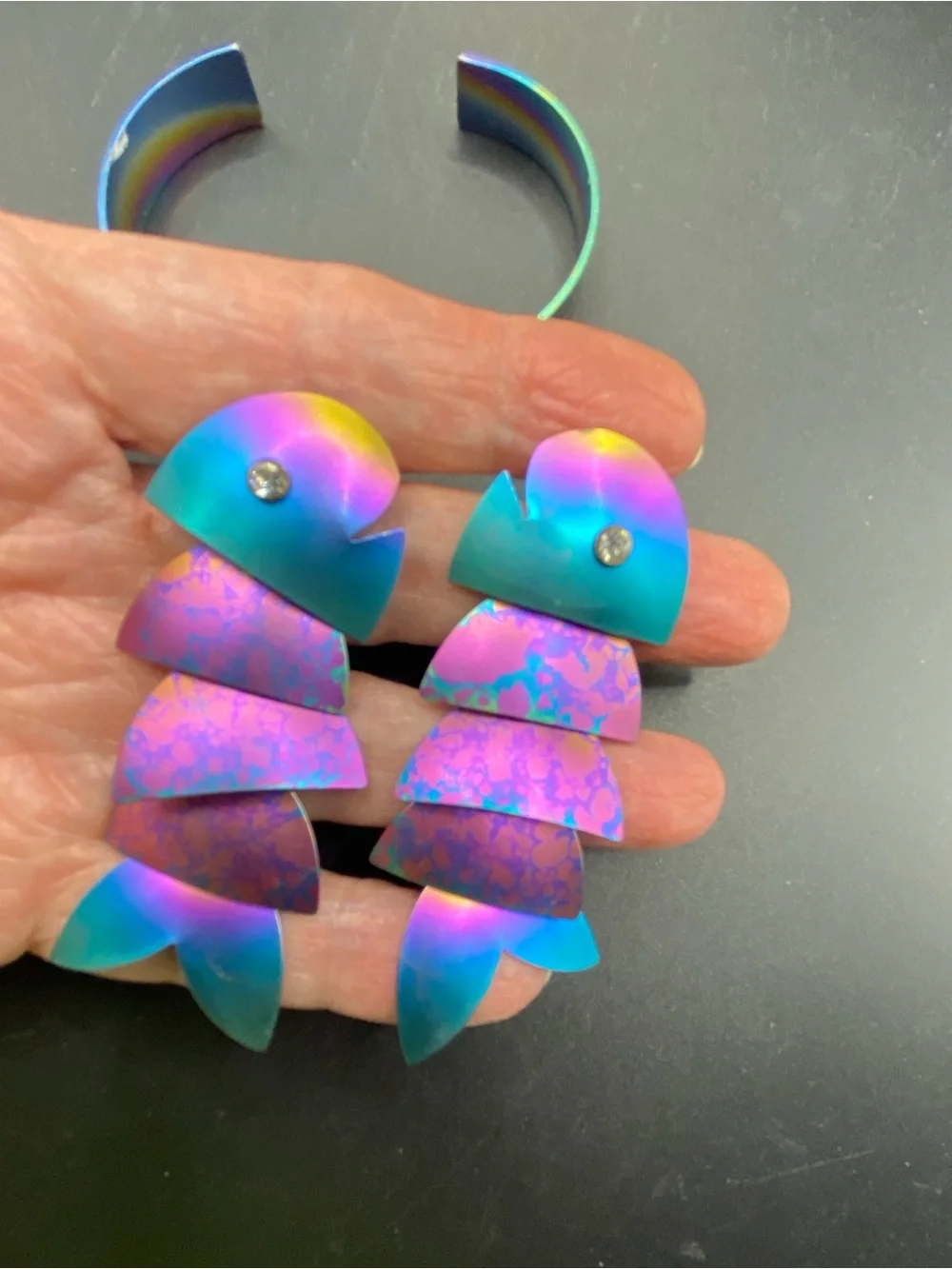 Rainbow Titanium Bangle Bracelet & Articulated Fish Earrings Pierced Dangles